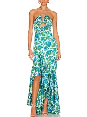AMUR Edie High Low Tie Neck Gown in Cerulean Blue Lotus Block Print - Size 14